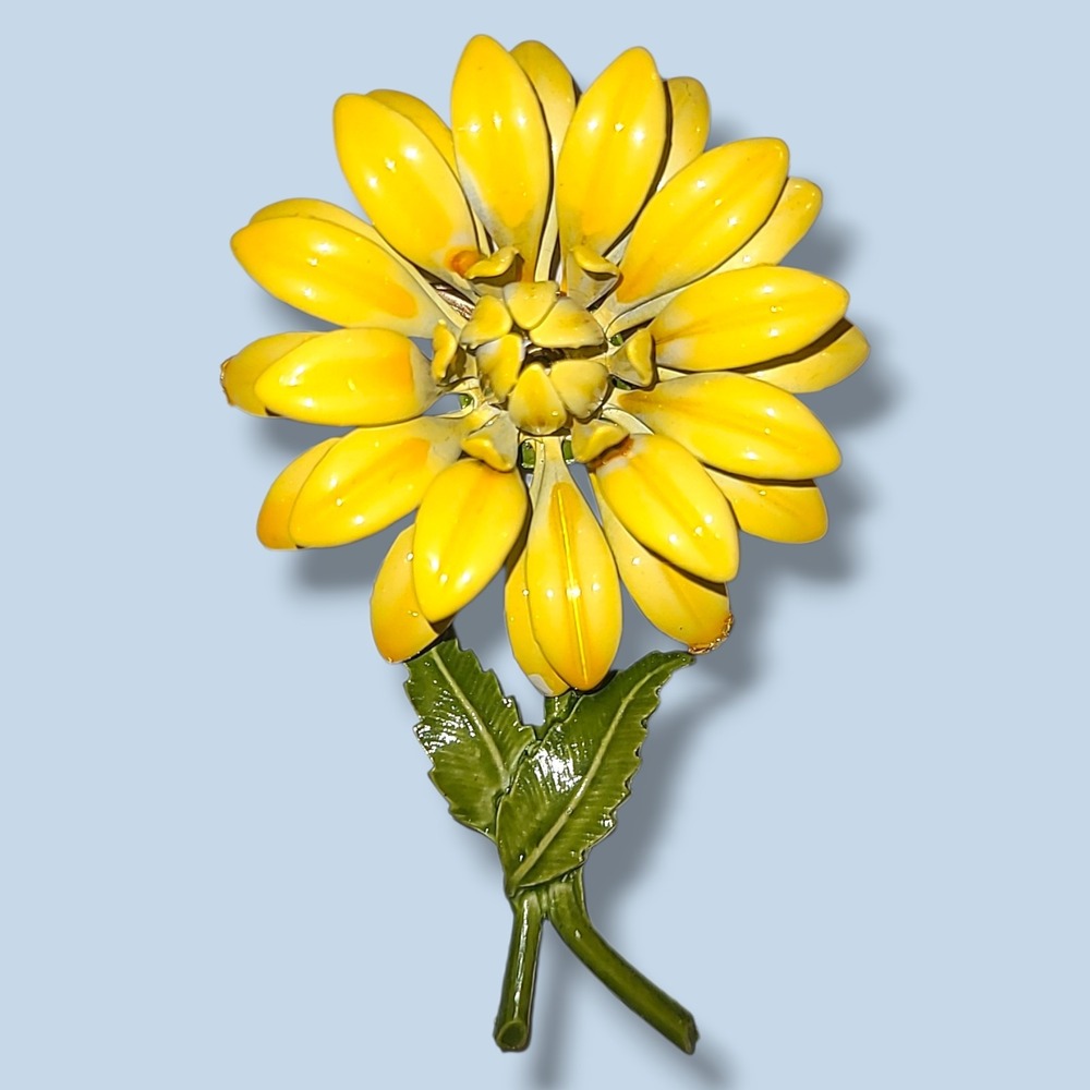 Vintage Yellow Enamel Flower‎ Brooch Pin Large Daisy Sunflower Style